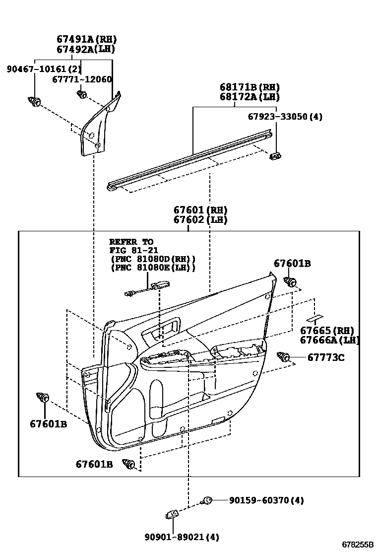 Toyota CAMRY 前门板和前门玻璃 EPC diagram — 678255B