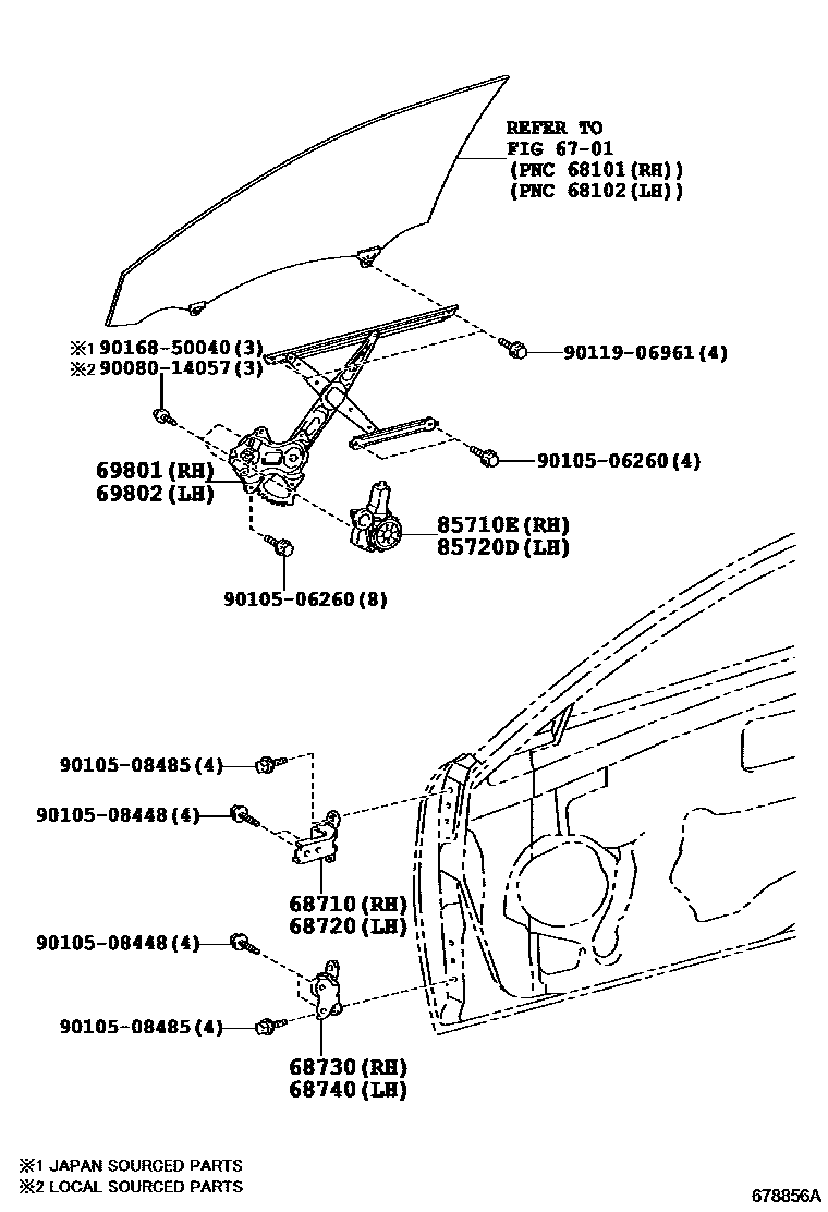 Toyota CAMRY 前门车窗升降器和合页 EPC diagram — 678856A