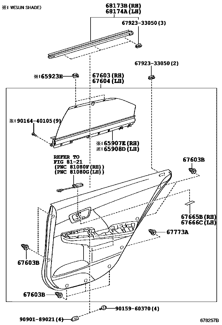 Toyota CAMRY 后门板和后门玻璃 EPC diagram — 678257B