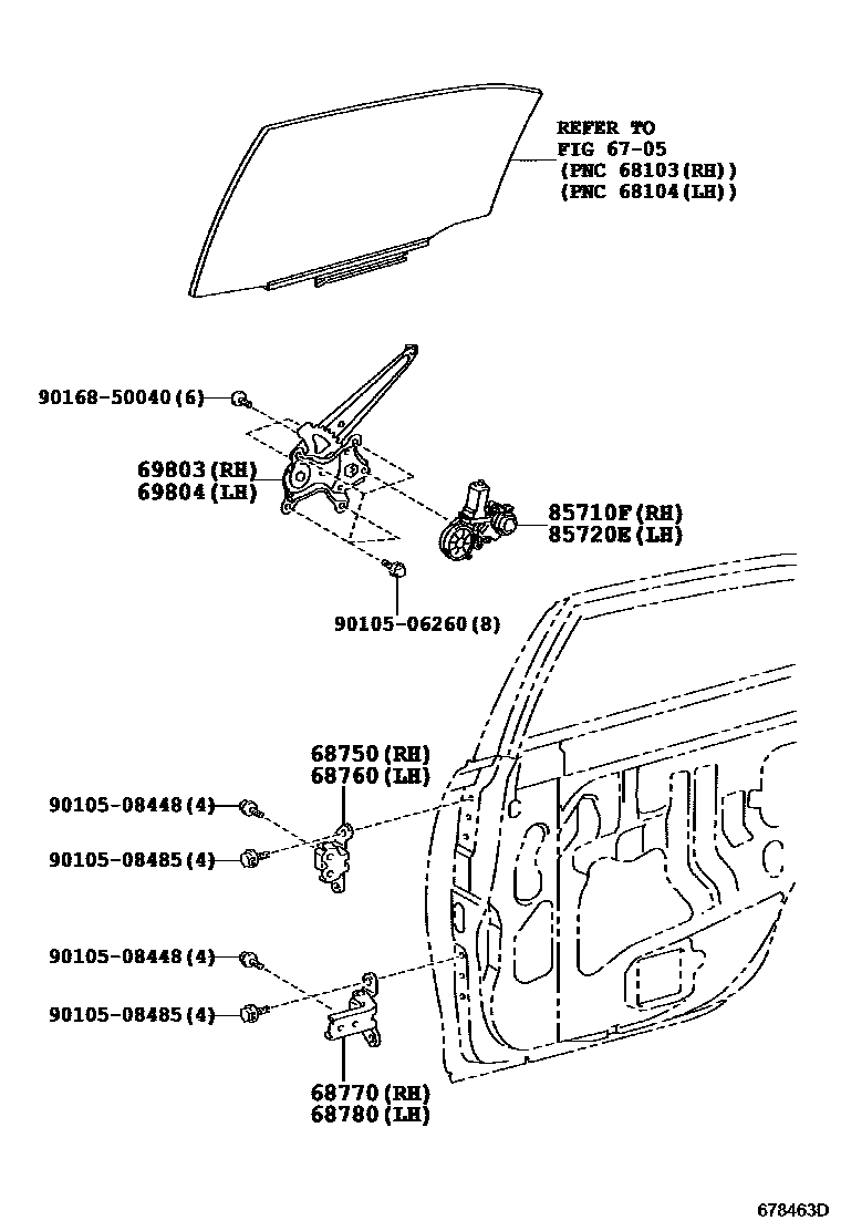 Toyota CAMRY 后门车窗升降器和合页 EPC diagram — 678463D