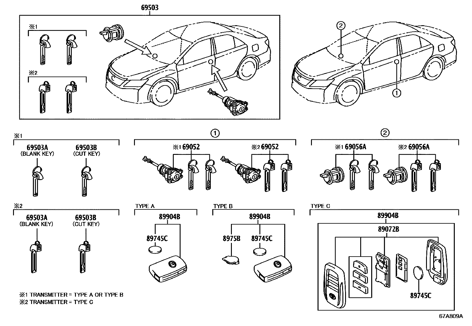 Toyota CAMRY 锁芯组件 EPC diagram — 67A809A
