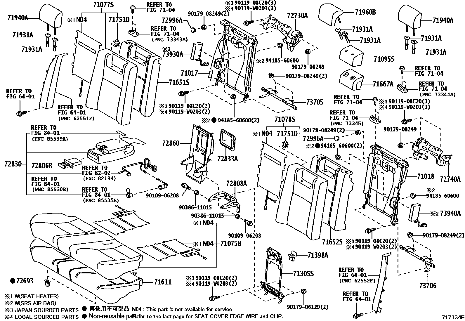 Toyota CAMRY 后排座椅和座椅滑轨 EPC diagram — 717134F