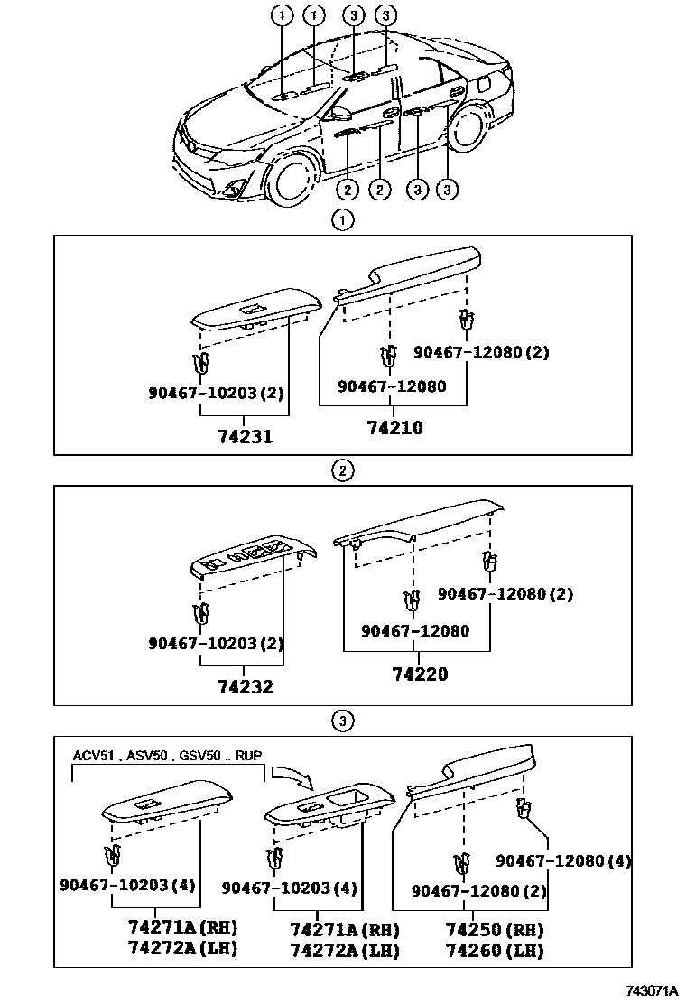 Toyota CAMRY 扶手和遮阳板 EPC diagram — 743071A