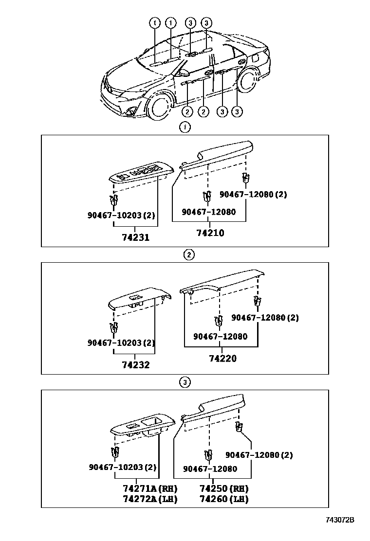 Toyota CAMRY 扶手和遮阳板 EPC diagram — 743072B