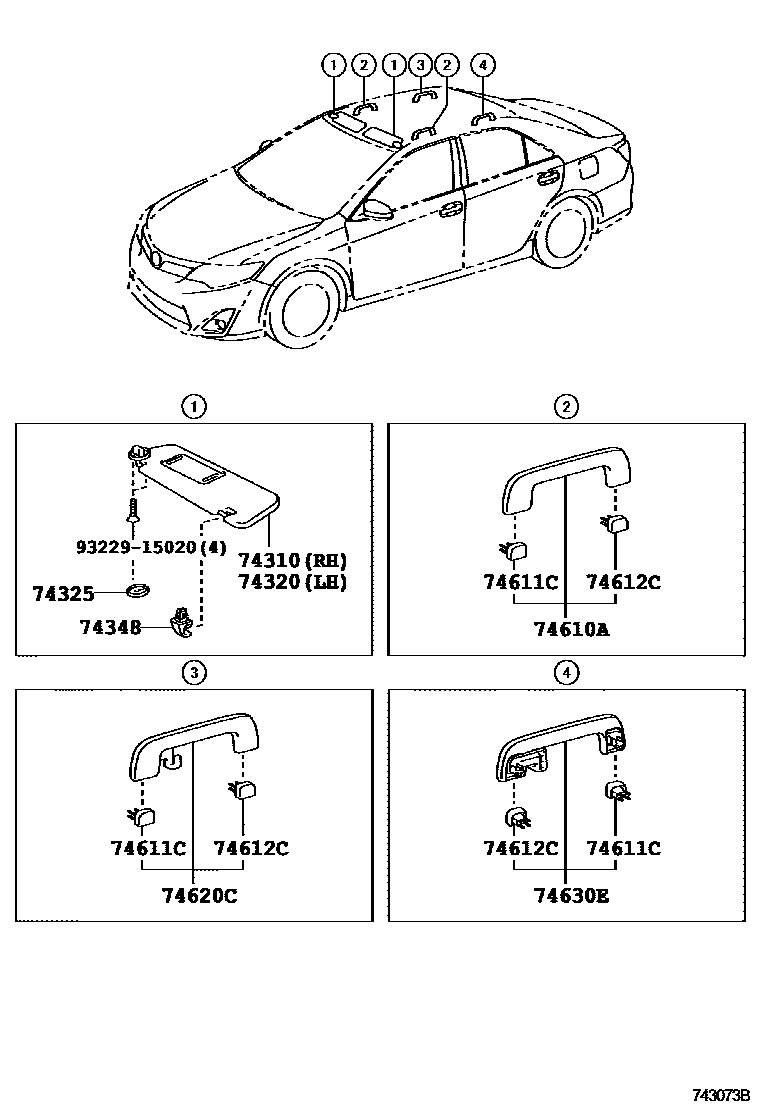 Toyota CAMRY 扶手和遮阳板 EPC diagram — 743073B