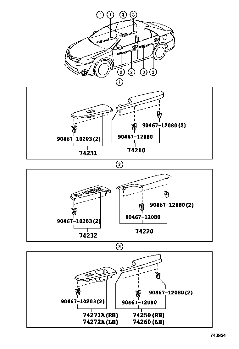 Toyota CAMRY 扶手和遮阳板 EPC diagram — 743954