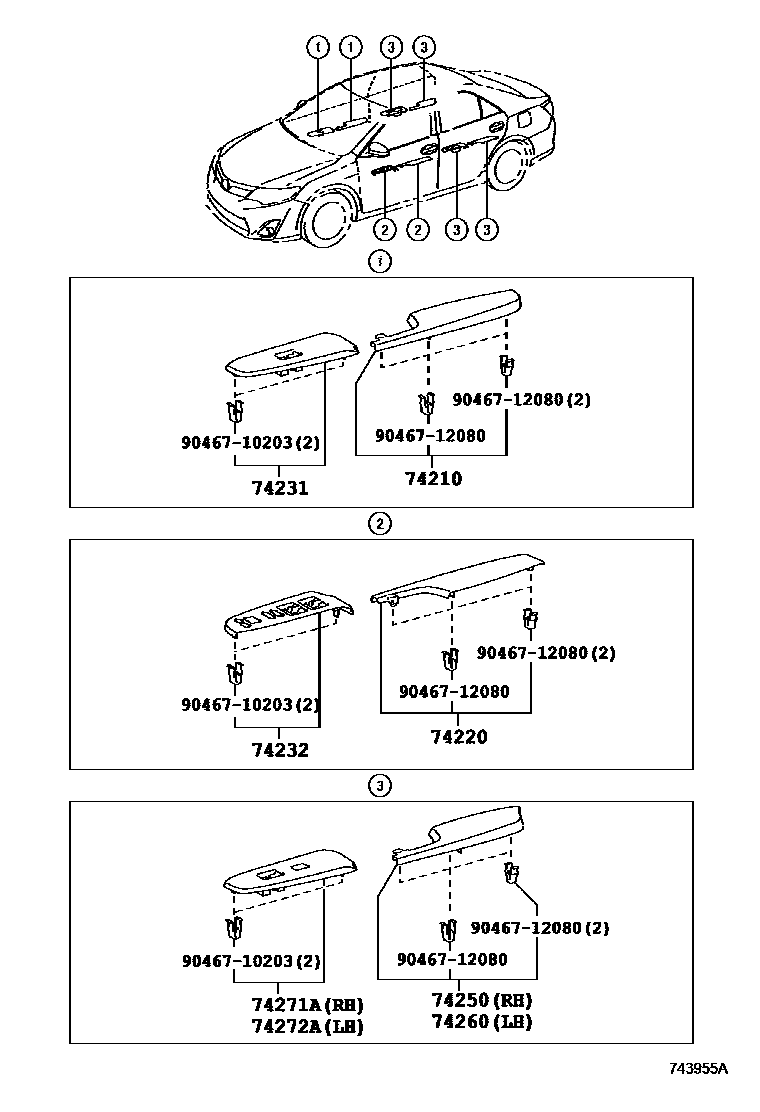 Toyota CAMRY 扶手和遮阳板 EPC diagram — 743955A