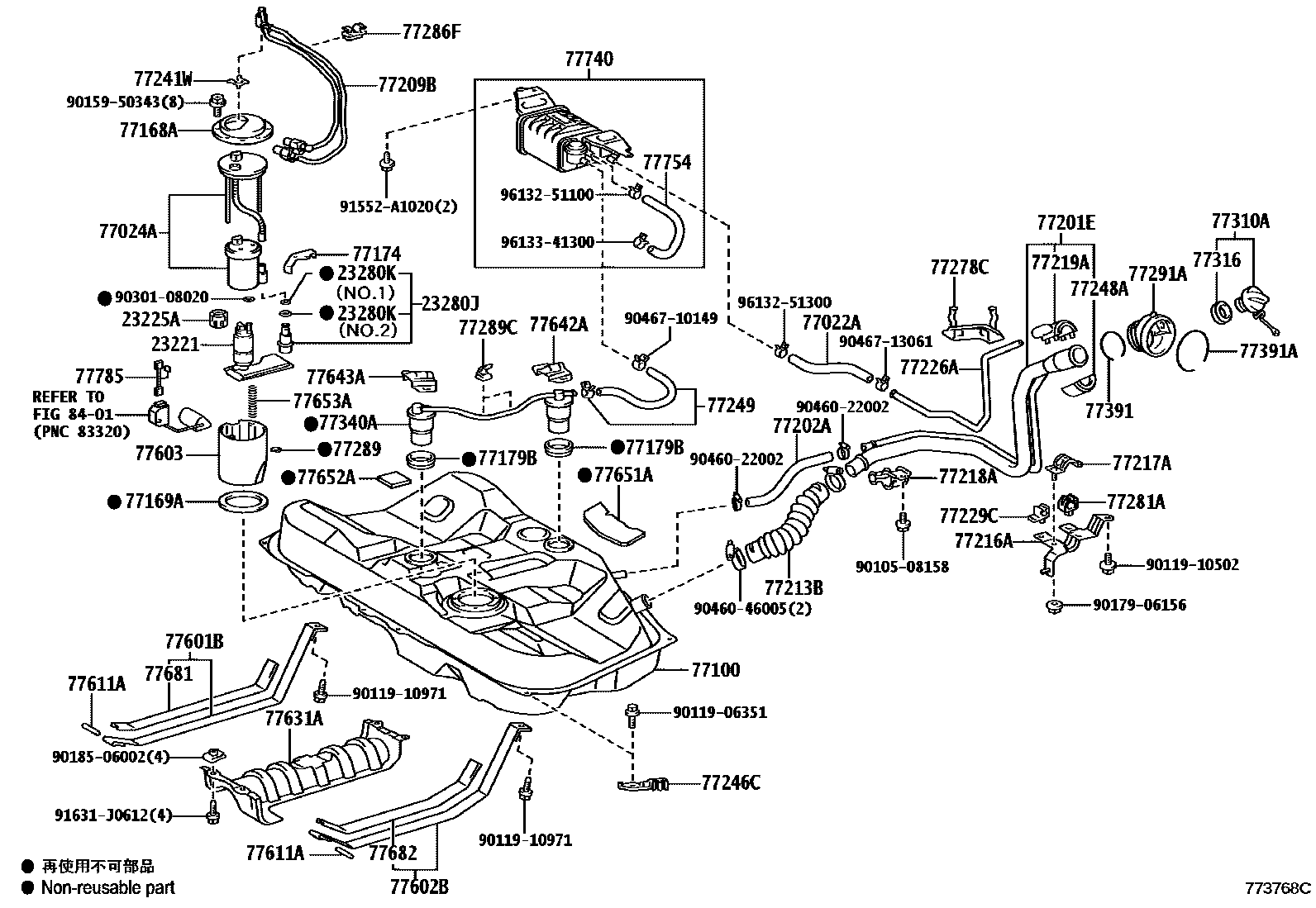 Toyota CAMRY 燃油箱和燃油管 EPC diagram — 773768C