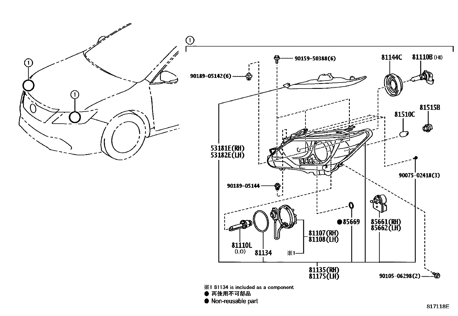 Toyota CAMRY Headlamp EPC diagram — 817118E