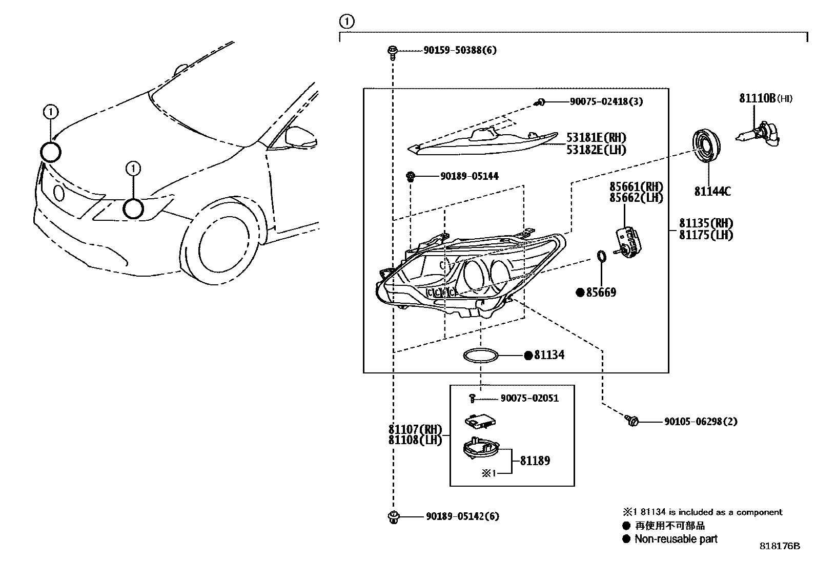 Toyota CAMRY Headlamp EPC diagram — 818176B