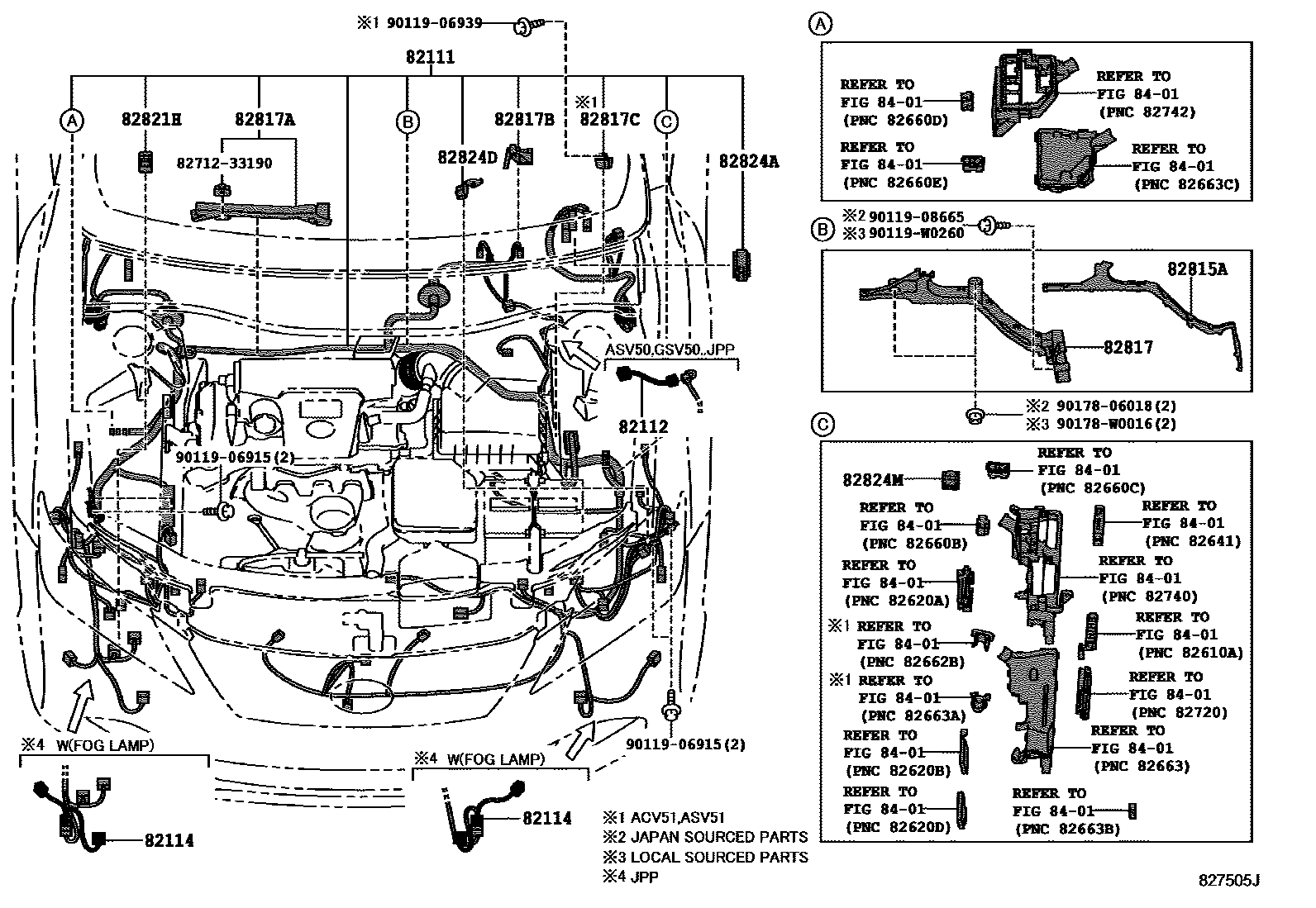 Toyota CAMRY 线束和卡夹 EPC diagram — 827505J