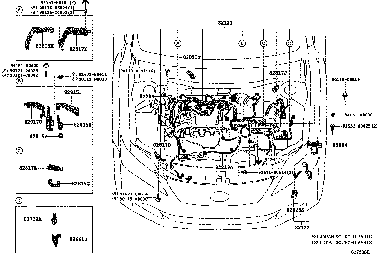 Toyota CAMRY 线束和卡夹 EPC diagram — 827508E