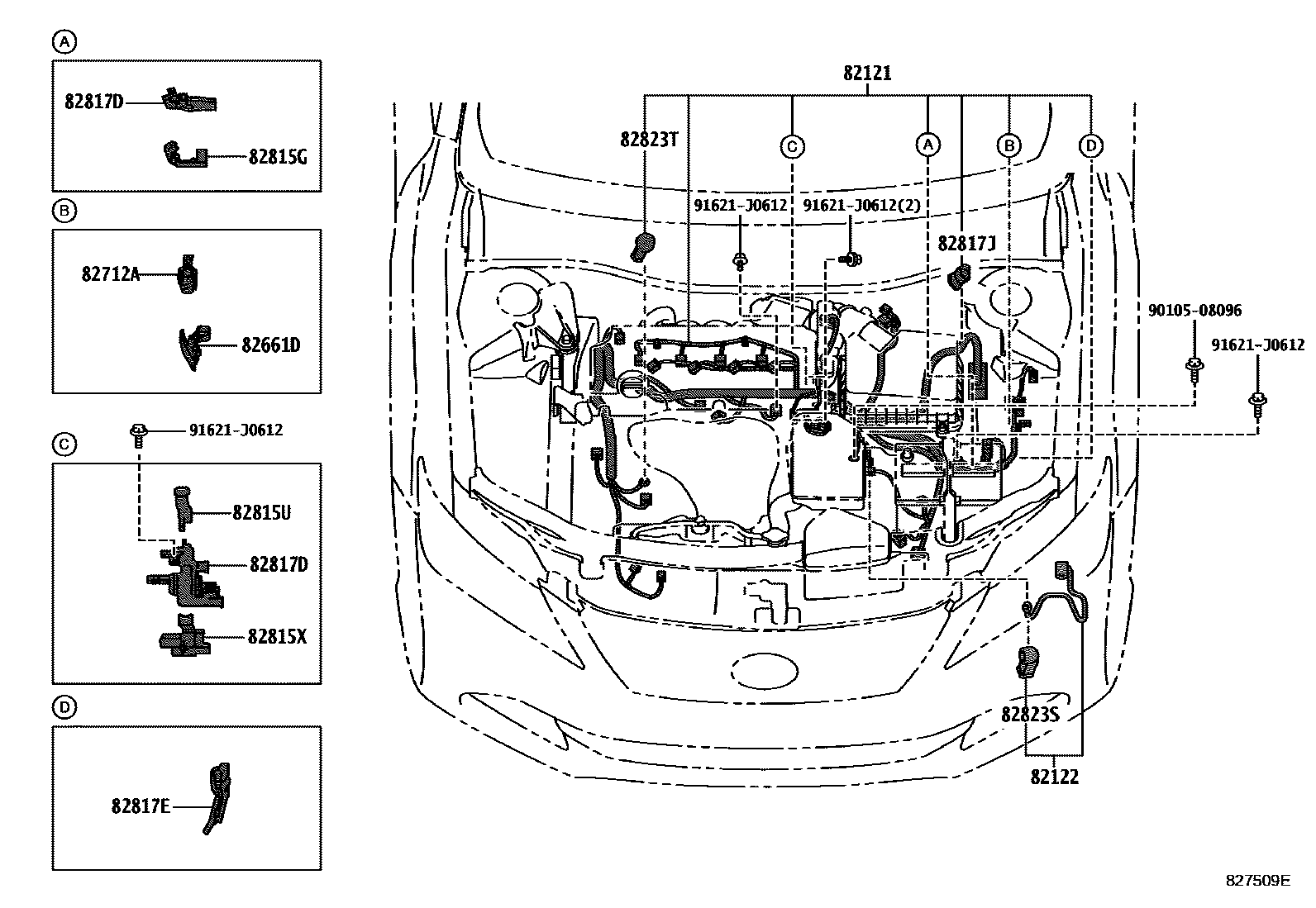 Toyota CAMRY 线束和卡夹 EPC diagram — 827509E