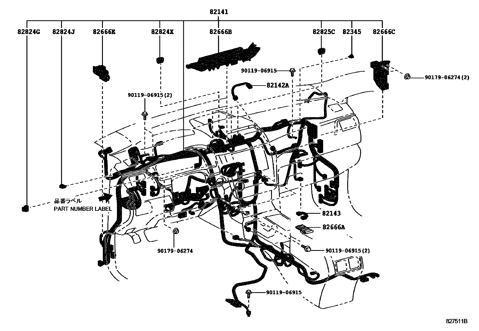 Toyota CAMRY 线束和卡夹 EPC diagram — 827511B