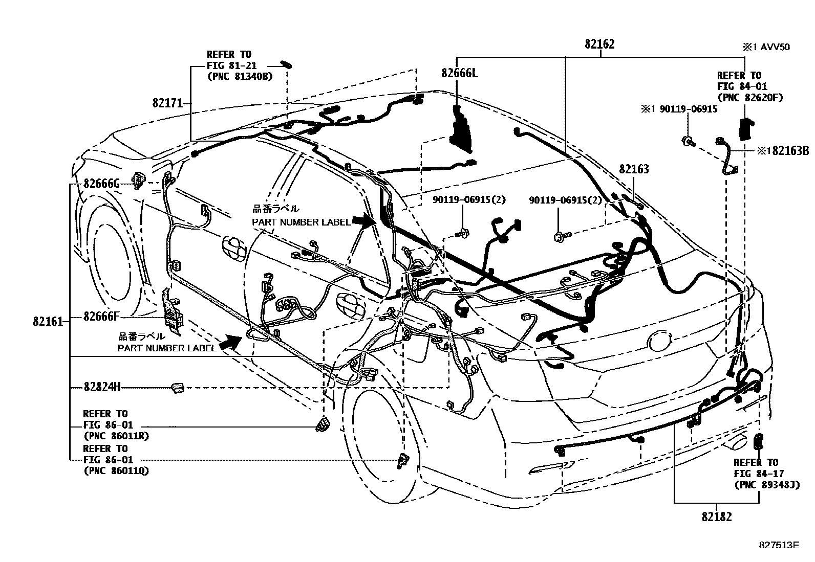 Toyota CAMRY 线束和卡夹 EPC diagram — 827513F