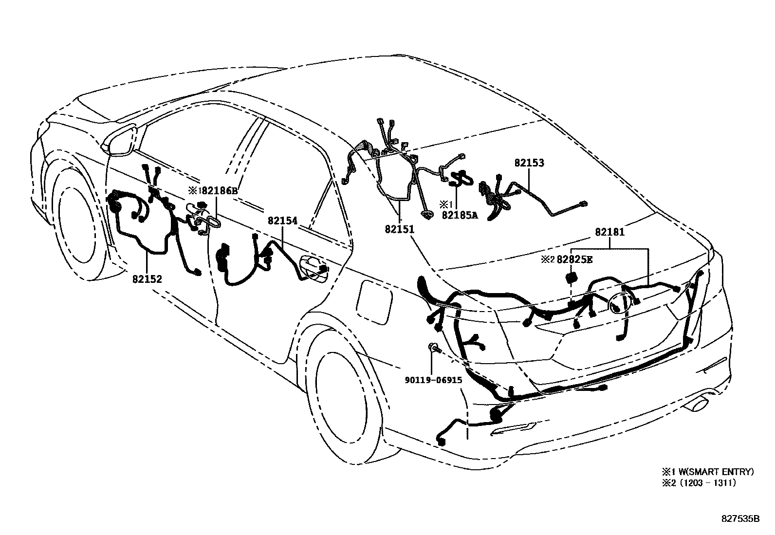 Toyota CAMRY 线束和卡夹 EPC diagram — 827535B
