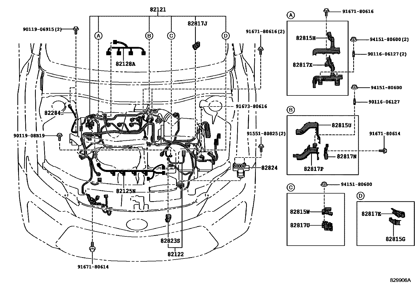 Toyota CAMRY 线束和卡夹 EPC diagram — 829906A