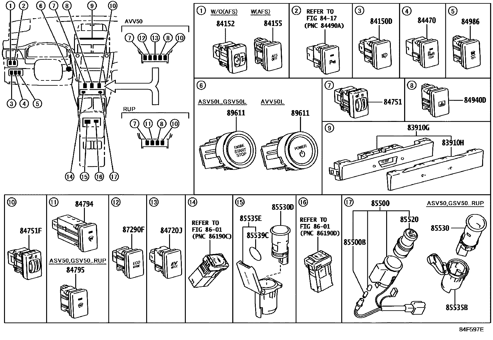 Toyota CAMRY 开关和继电器和ECU EPC diagram — 84F597E
