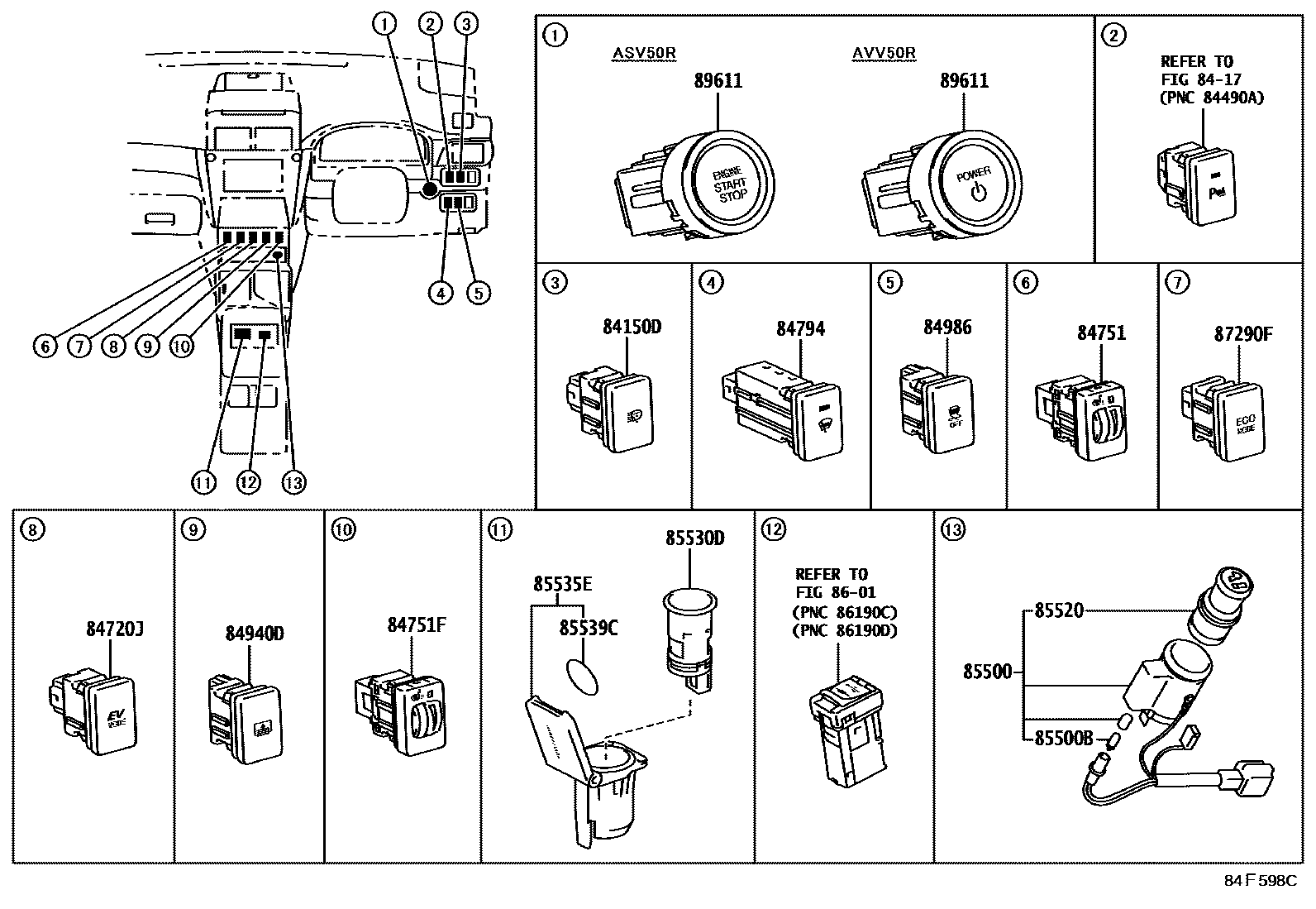 Toyota CAMRY 开关和继电器和ECU EPC diagram — 84F598C