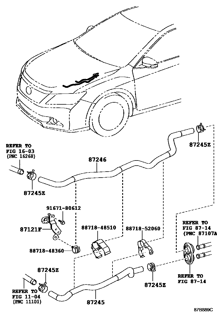 Toyota CAMRY 暖风和空调系统 - 水管 EPC diagram — 87B889C