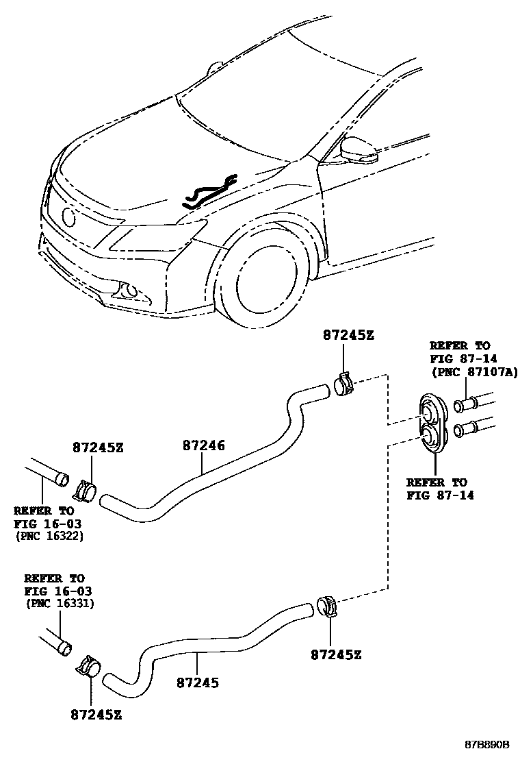 Toyota CAMRY 暖风和空调系统 - 水管 EPC diagram — 87B890B