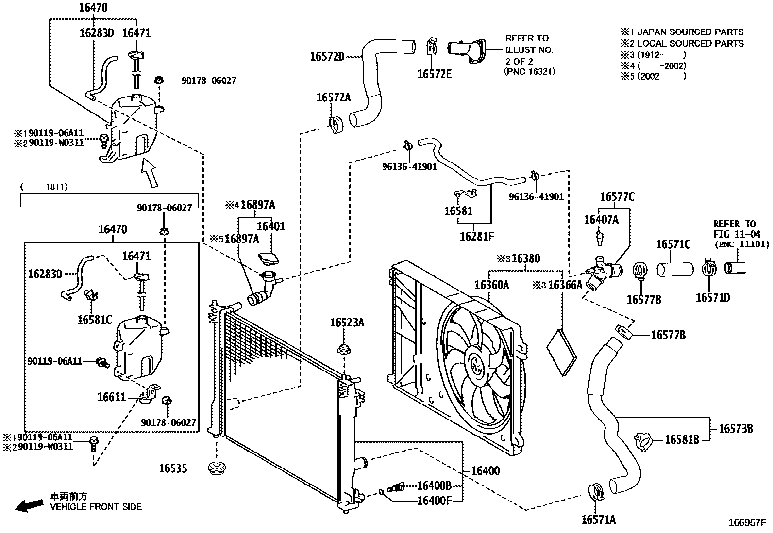 Toyota CAMRY RADIATOR & WATER OUTLET EPC diagram — 166957F