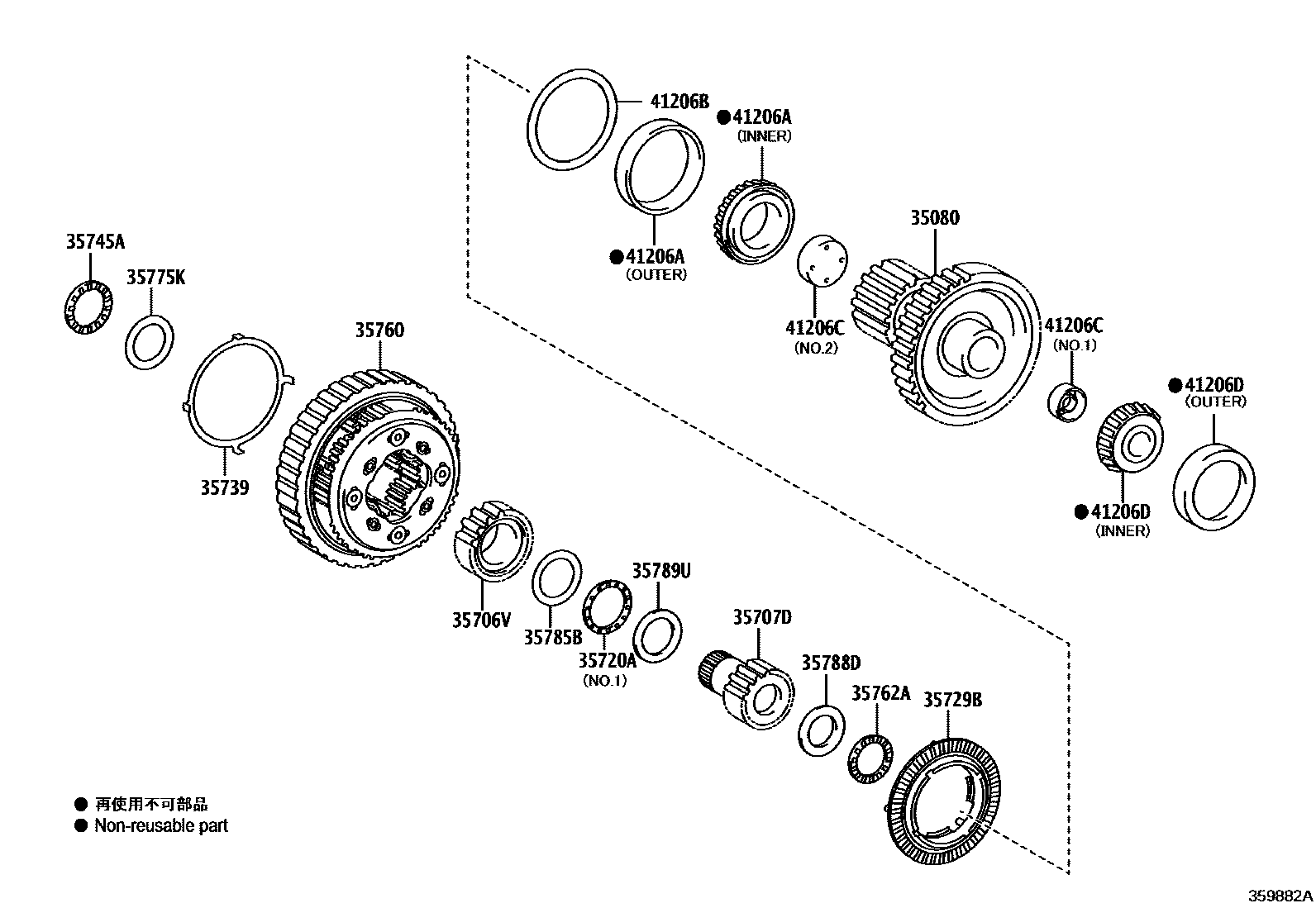 Toyota CAMRY 行星齿轮、倒档活塞和中间轴齿轮(ATM) EPC diagram — 359882A