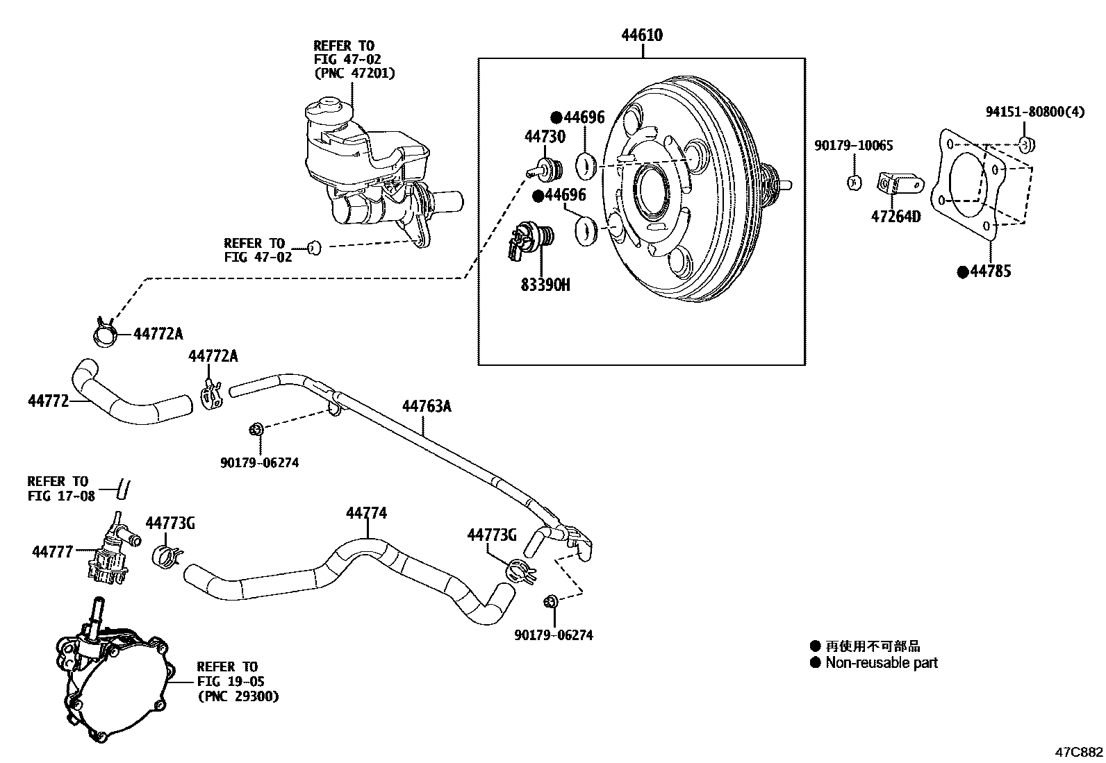 Toyota CAMRY 制动助力器和真空管 EPC diagram — 47C882