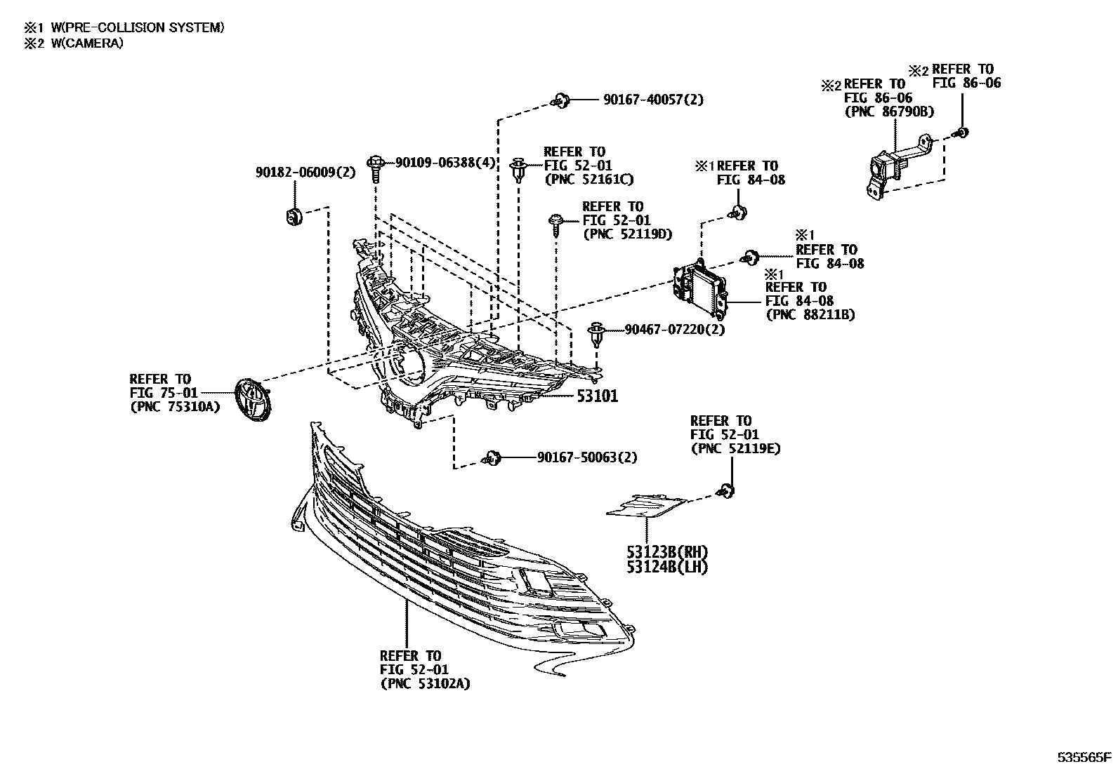 Toyota CAMRY radiator grille EPC diagram — 535565F