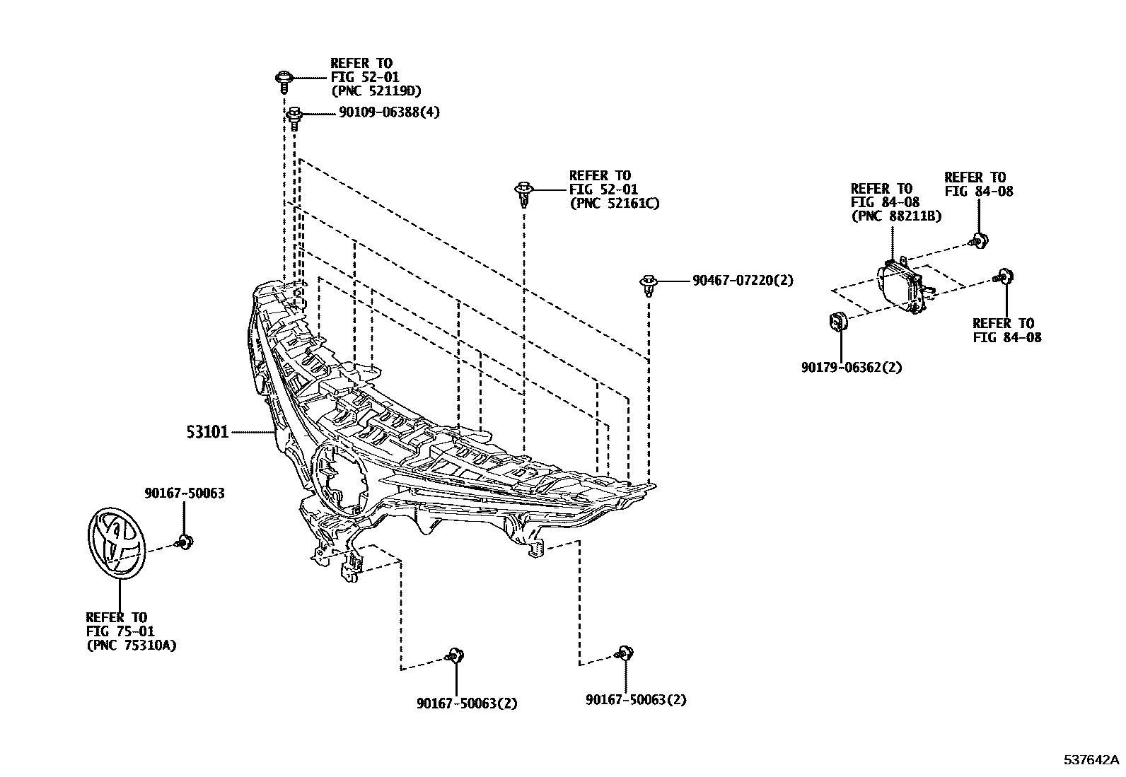 Toyota CAMRY radiator grille EPC diagram — 537642A