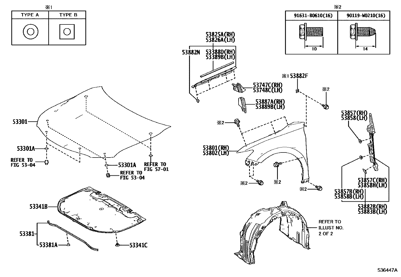 Toyota CAMRY 发动机盖和前翼子板 EPC diagram — 536447A