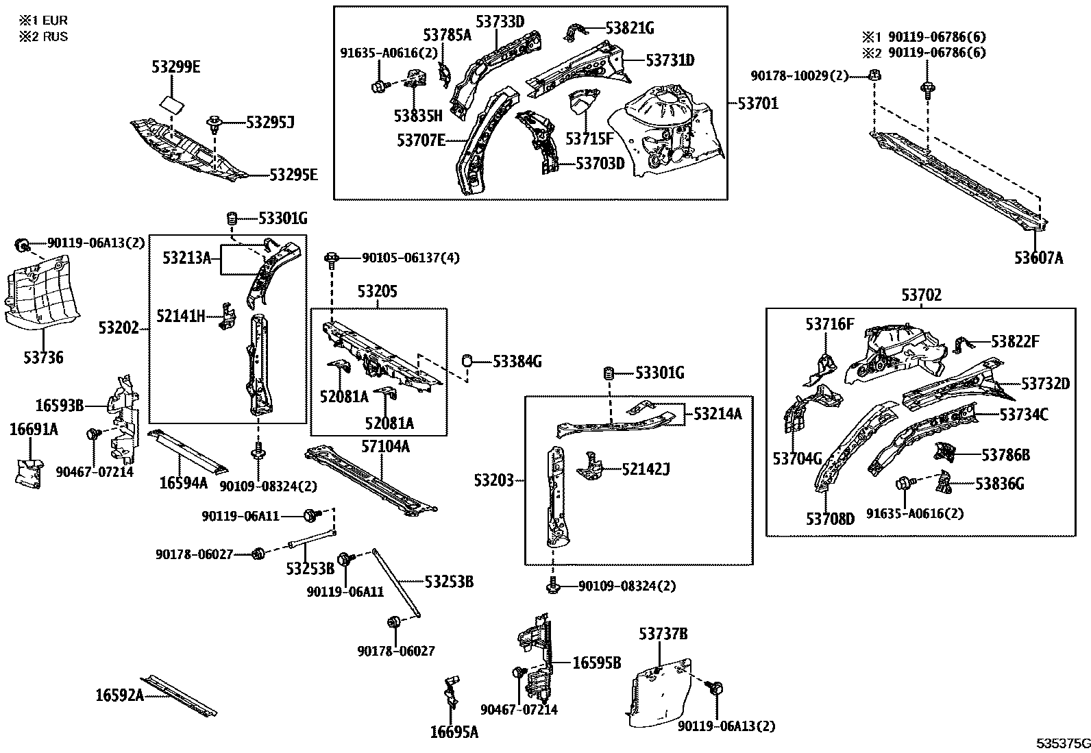Toyota CAMRY 前翼子板挡泥板和前围板 EPC diagram — 535375G
