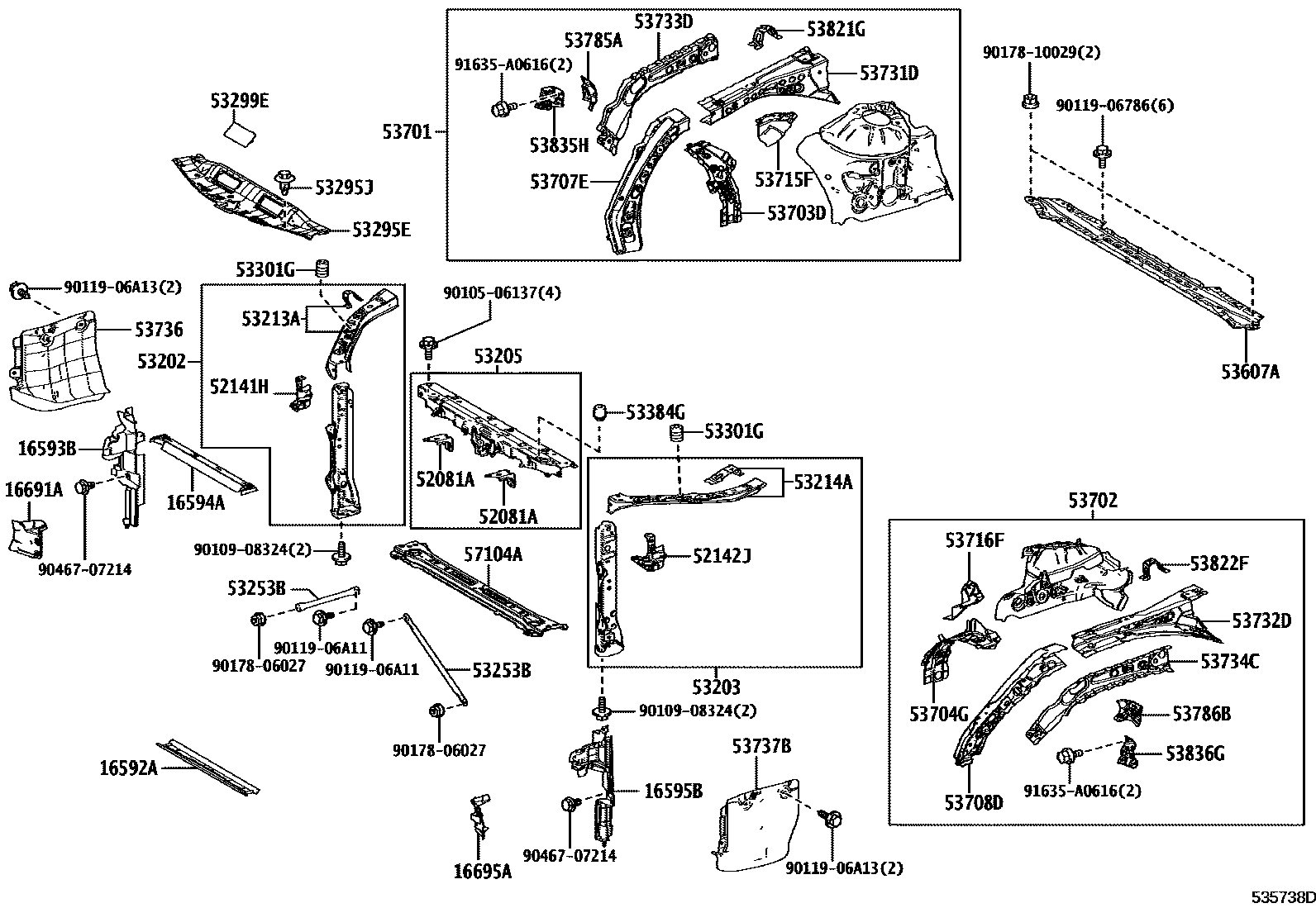 Toyota CAMRY 前翼子板挡泥板和前围板 EPC diagram — 535738D