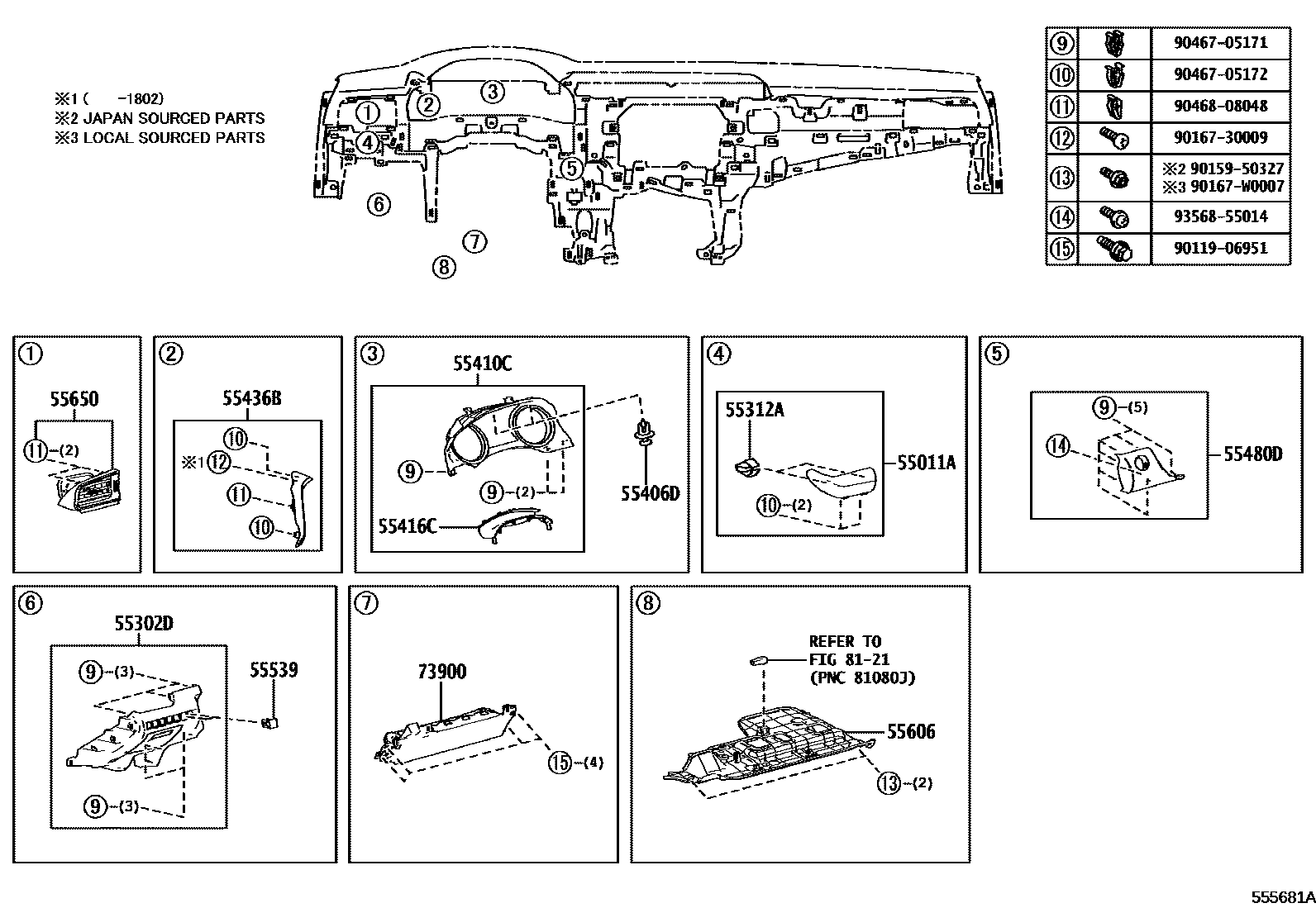 Toyota CAMRY 仪表板和手套箱 EPC diagram — 555681A