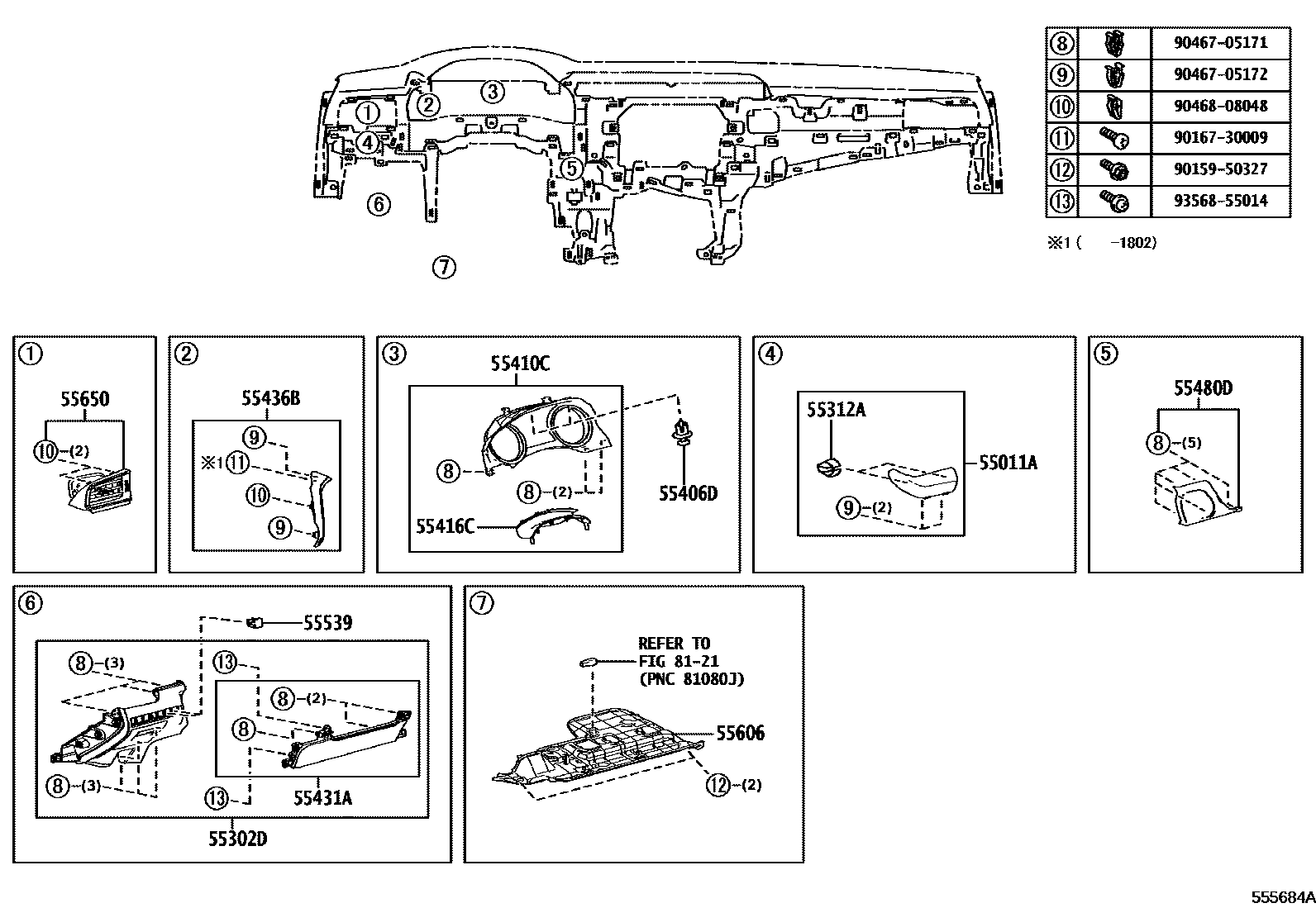 Toyota CAMRY 仪表板和手套箱 EPC diagram — 555684A