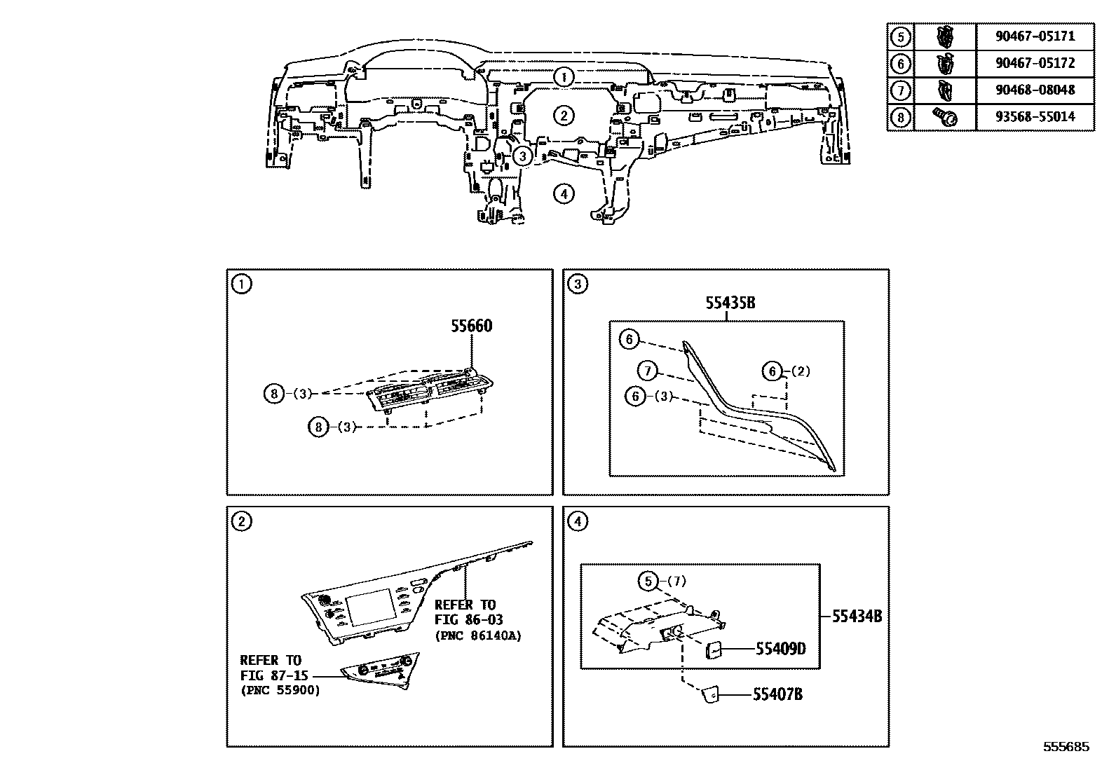 Toyota CAMRY 仪表板和手套箱 EPC diagram — 555685