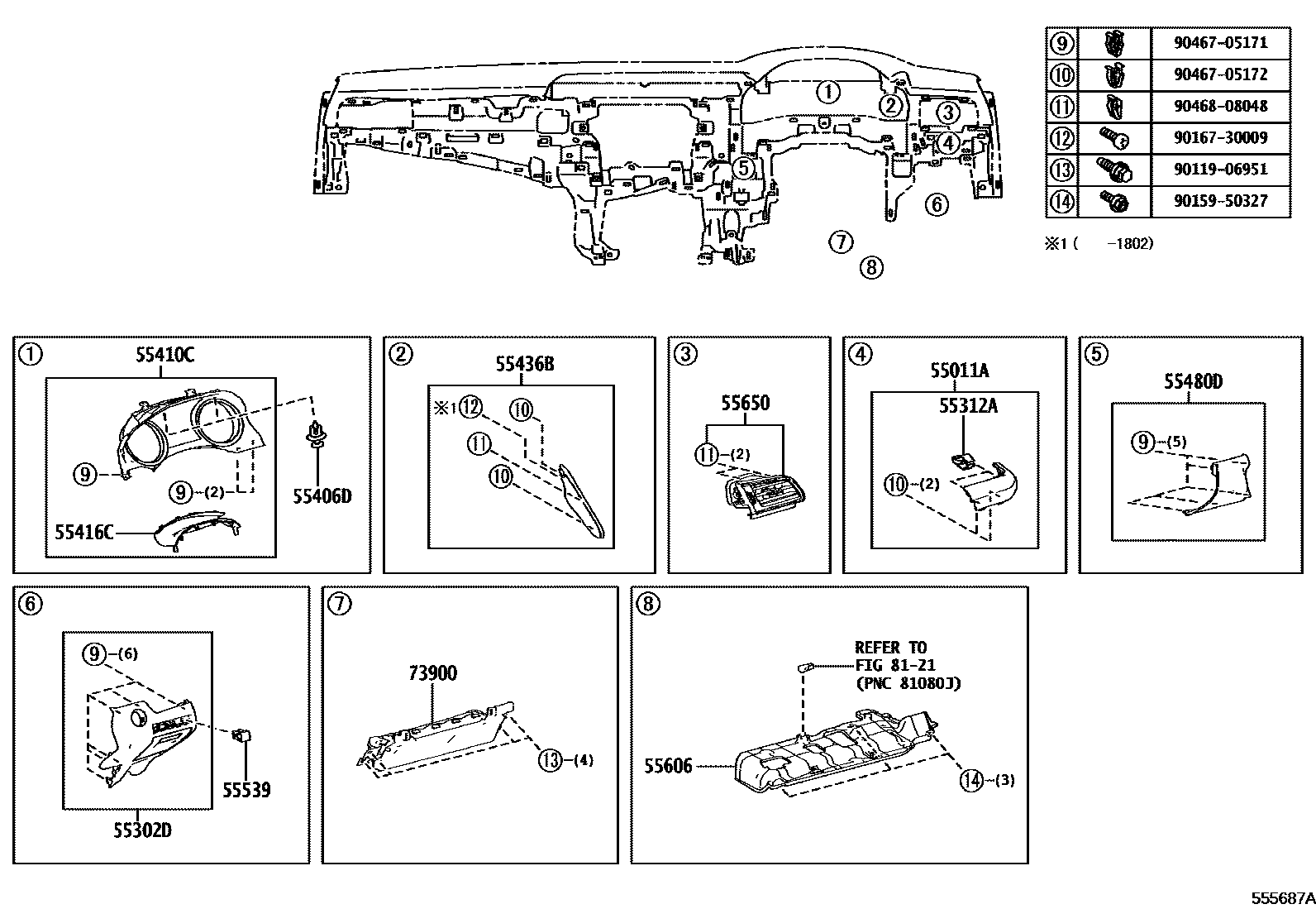 Toyota CAMRY 仪表板和手套箱 EPC diagram — 555687A