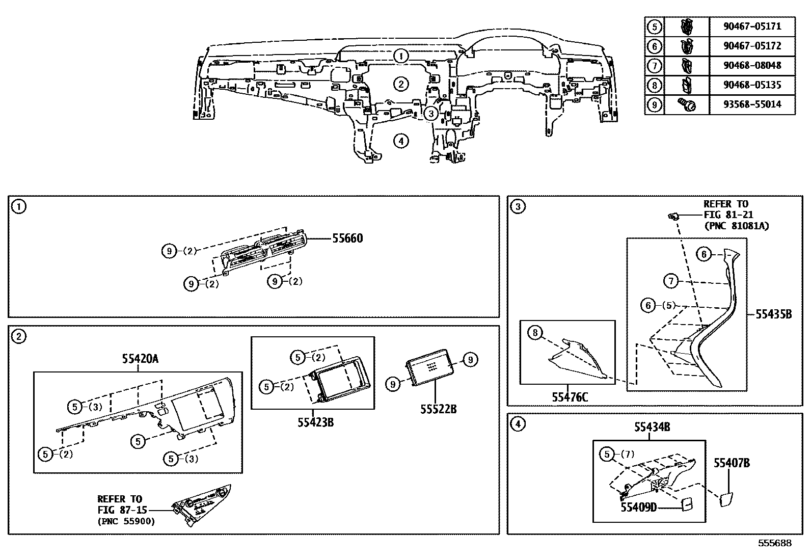 Toyota CAMRY 仪表板和手套箱 EPC diagram — 555688