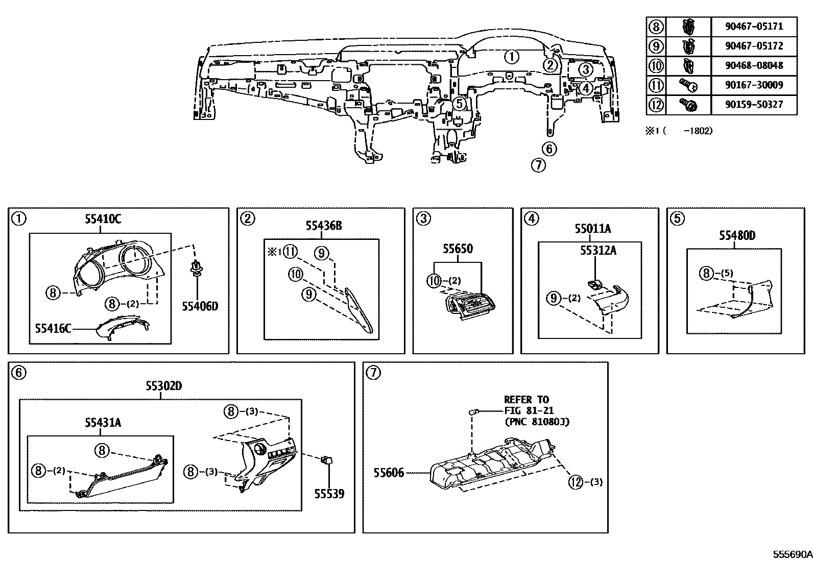Toyota CAMRY 仪表板和手套箱 EPC diagram — 555690A
