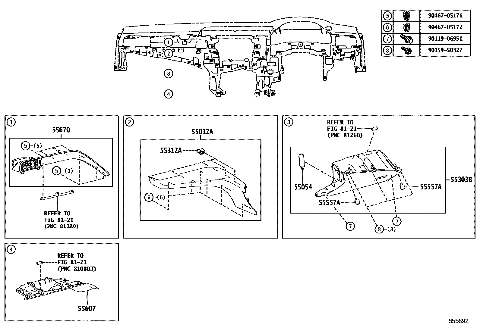 Toyota CAMRY 仪表板和手套箱 EPC diagram — 555692