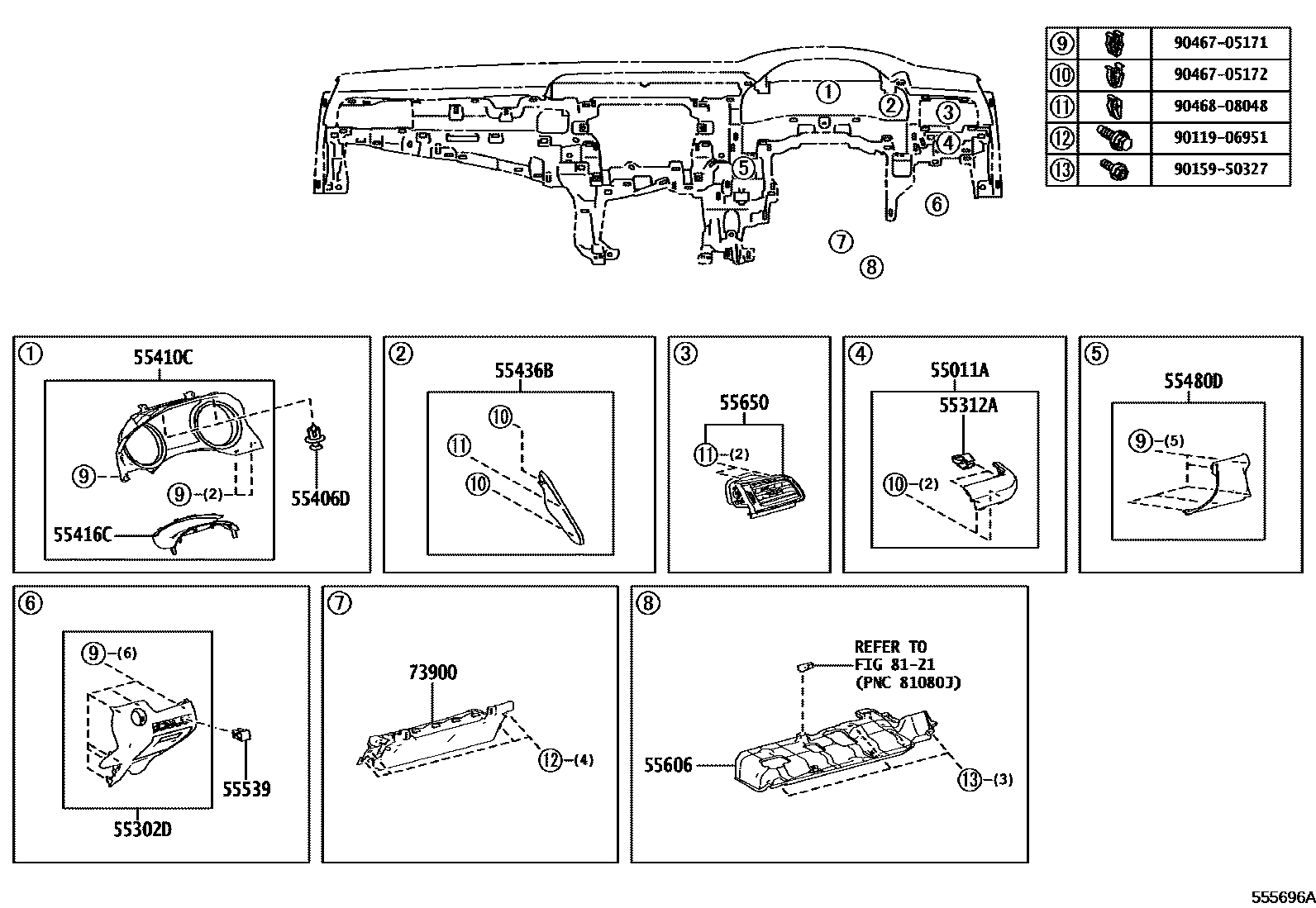Toyota CAMRY 仪表板和手套箱 EPC diagram — 555696A