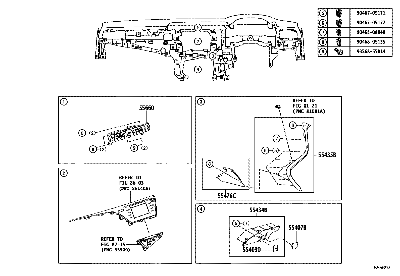 Toyota CAMRY 仪表板和手套箱 EPC diagram — 555697