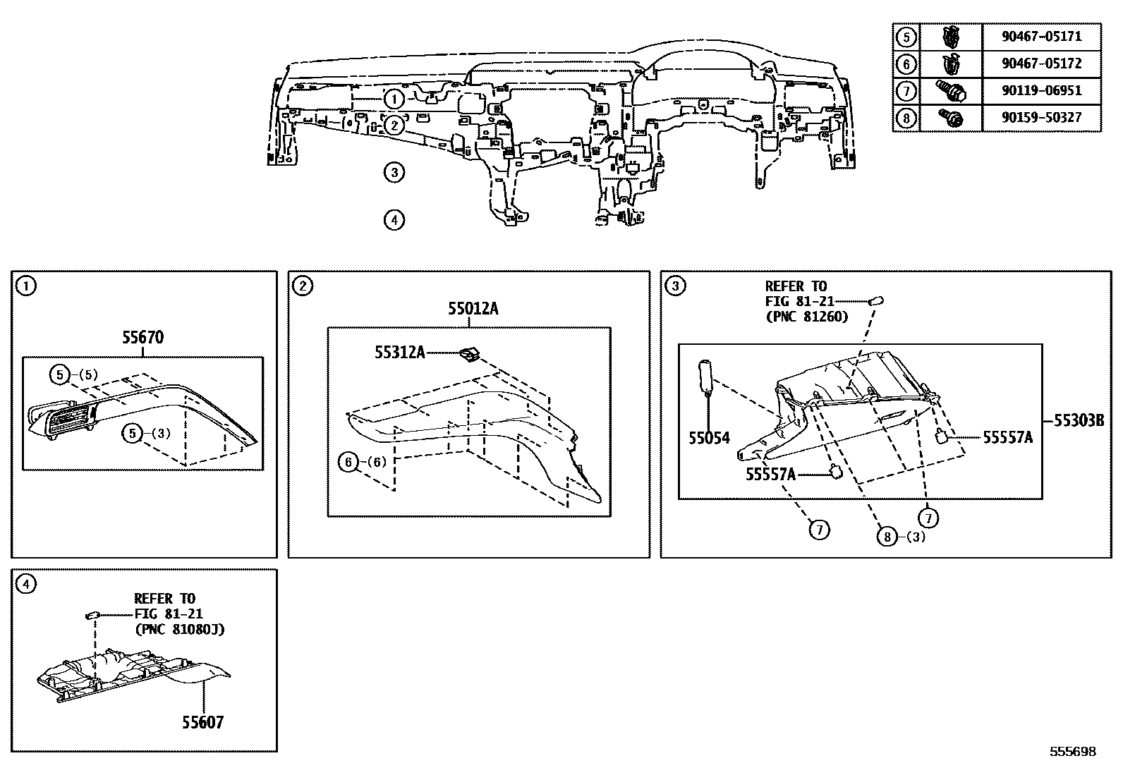 Toyota CAMRY 仪表板和手套箱 EPC diagram — 555698