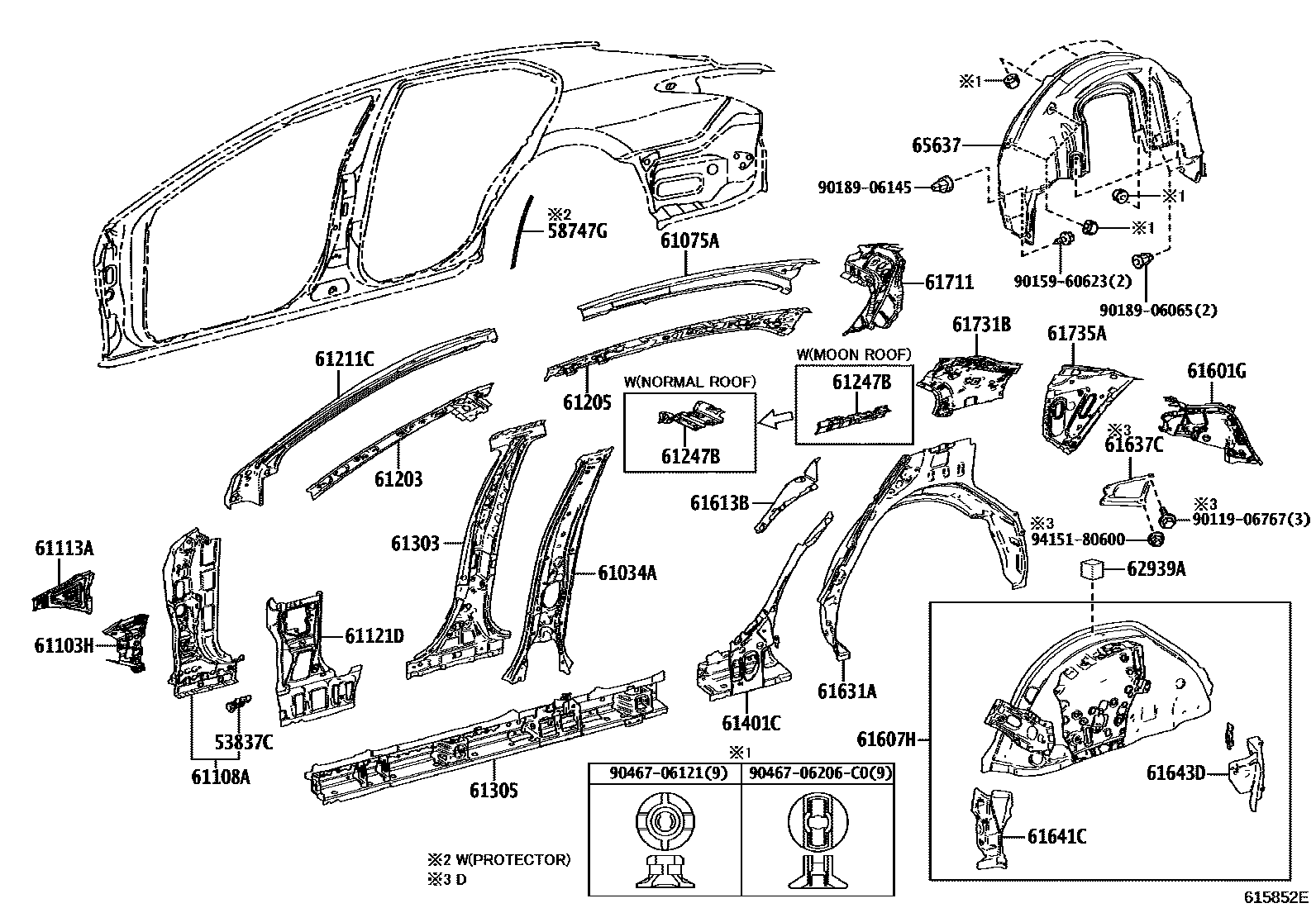 Toyota CAMRY 侧梁 EPC diagram — 615852E