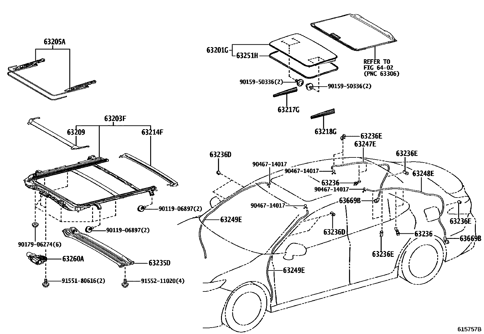 Toyota CAMRY 天窗板和背窗玻璃 EPC diagram — 615757B