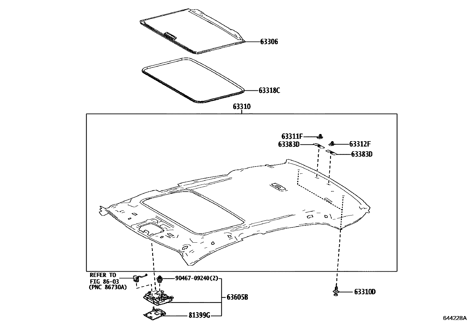 Toyota CAMRY 车顶内衬和消声垫 EPC diagram — 644228A