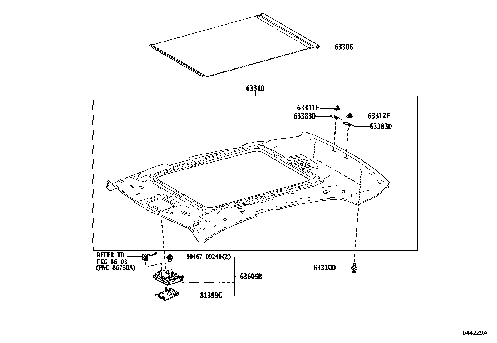 Toyota CAMRY 车顶内衬和消声垫 EPC diagram — 644229A