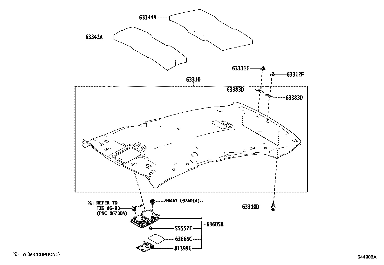 Toyota CAMRY 车顶内衬和消声垫 EPC diagram — 644908A