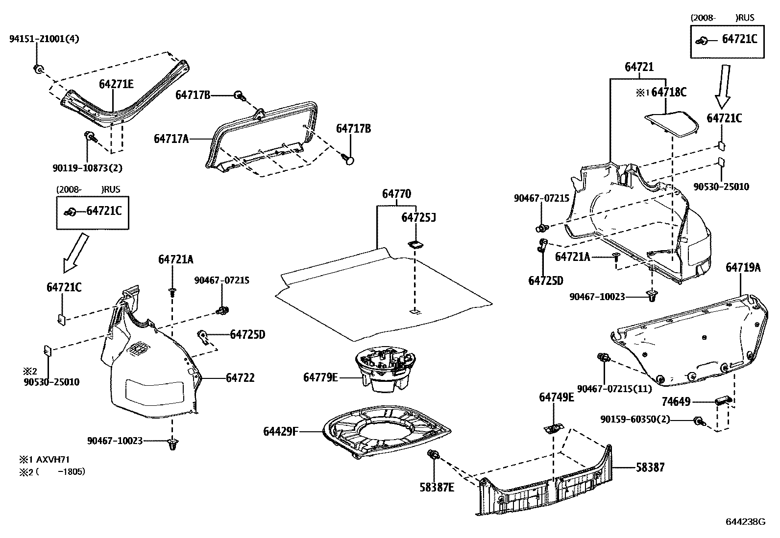 Toyota CAMRY 杂物箱板和行李箱垫 EPC diagram — 644238G