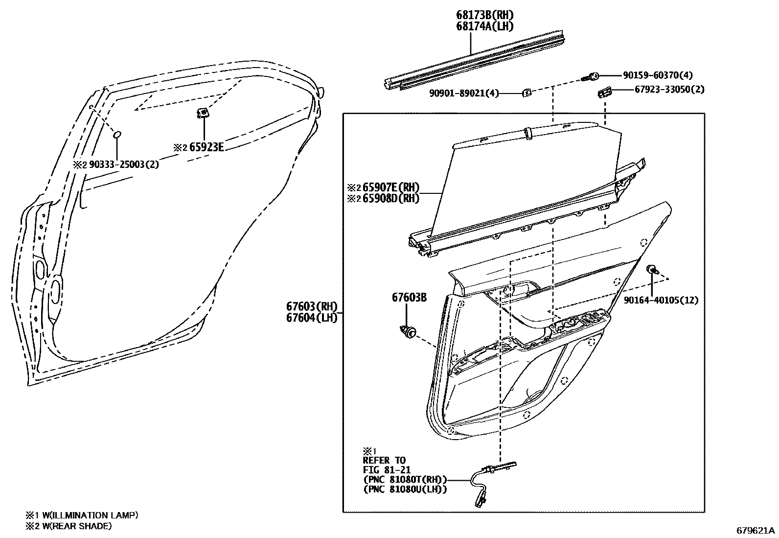Toyota CAMRY 后门板和后门玻璃 EPC diagram — 679621A